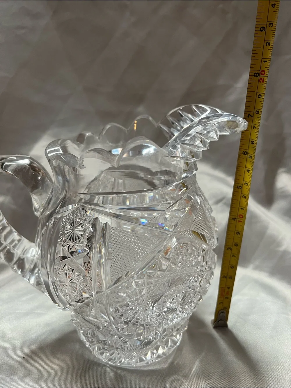 Antique ABP Cut Glass Crystal Pitcher - Hobstar & Fan Pattern - Small Chip